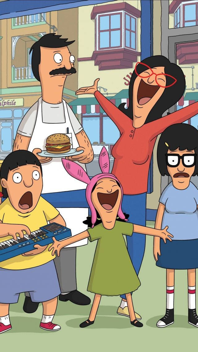 Bob's Burgers 一家在行人路上笑著演奏音樂。