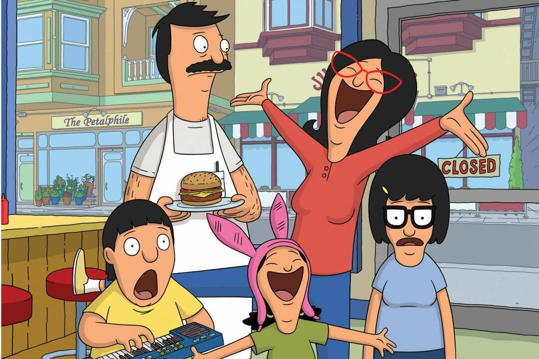 Bob's Burgers 一家人在餐廳裡一起大笑。