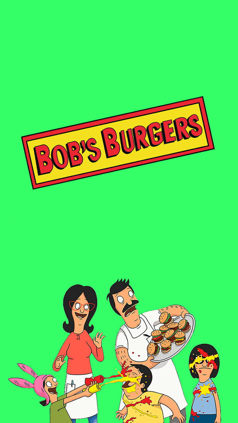 Bob's Burgers卡通家庭拿著漢堡並噴灑番茄醬。
