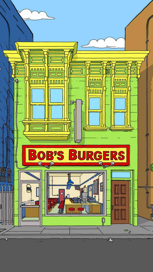 Bob's Burgers 餐廳，綠色和黃色外牆及紅色招牌。