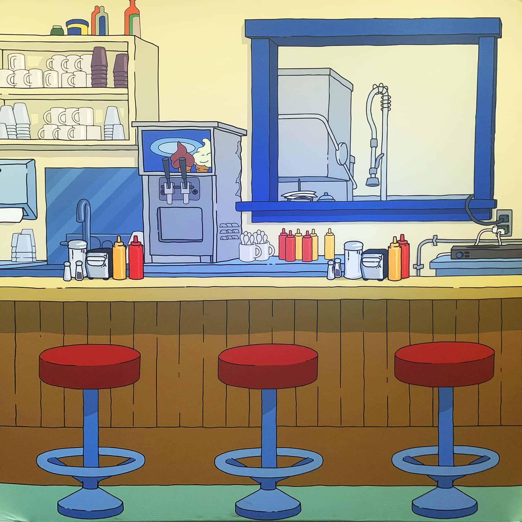Bob's Burgers餐廳吧檯背景 壁紙 — 復古餐廳櫃檯，三個紅色凳子，一部汽水機，在溫暖的黃色燈光下。