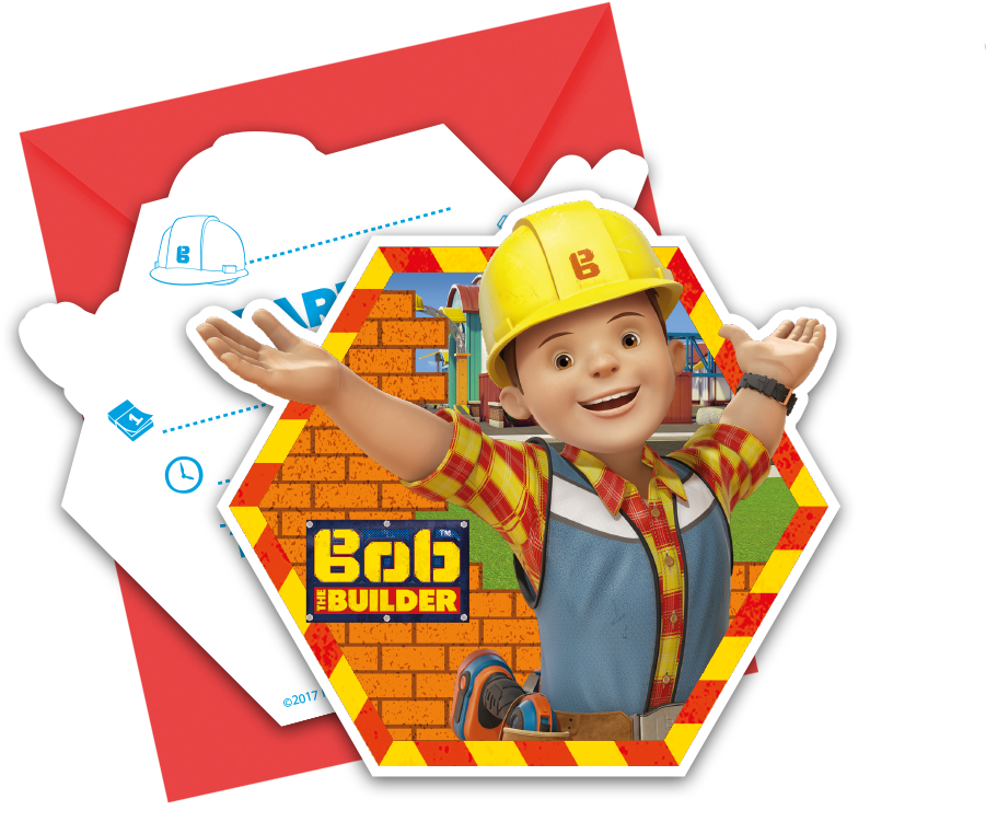 Bob the Builder動畫角色 壁紙 — 黃色安全帽和格仔衫的建築師巴布卡通角色，愉快地站在磚牆前，旁邊有建築工具和藍圖。
