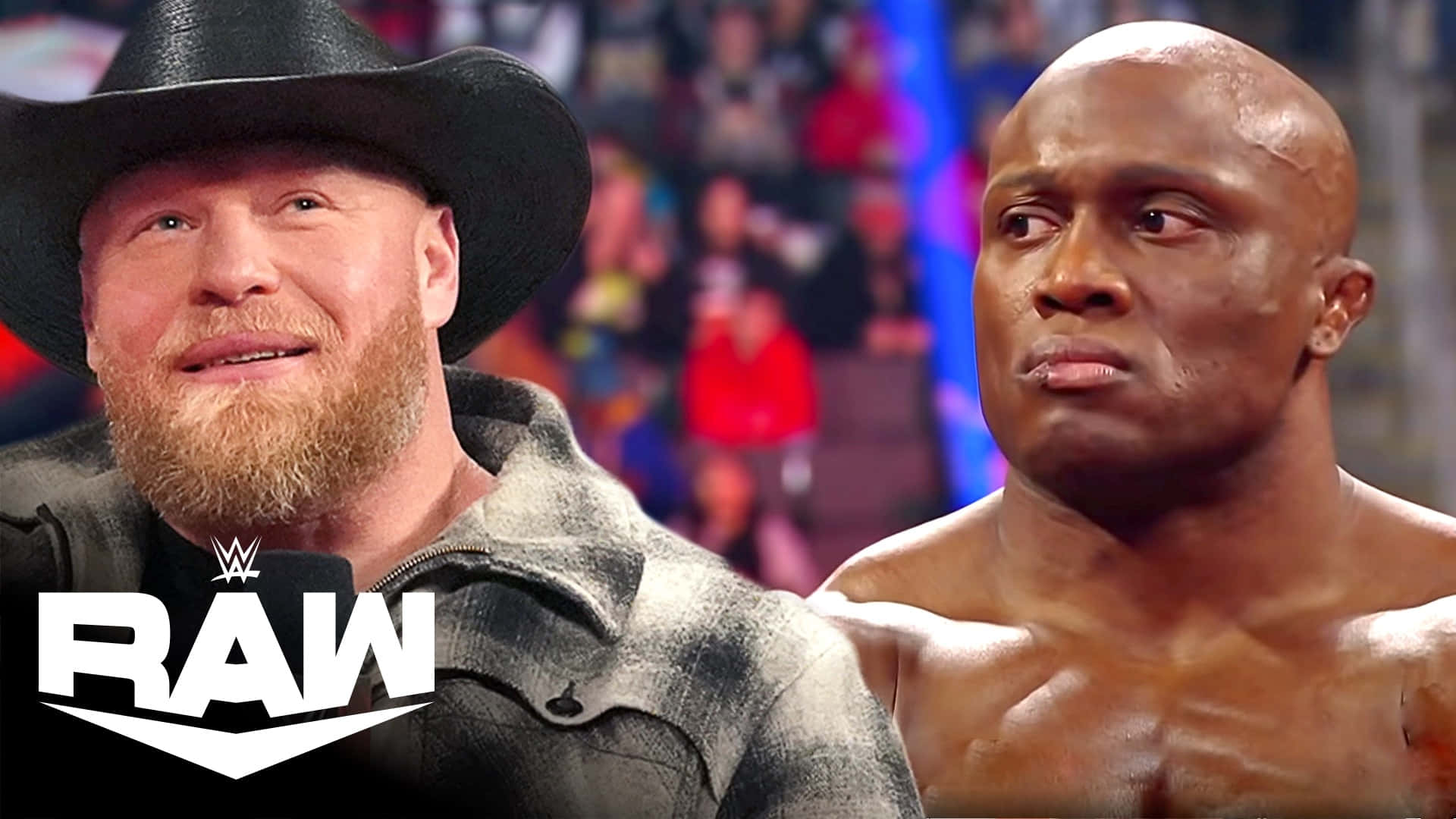 兩位WWE摔角手在RAW直播中，背景有觀眾。