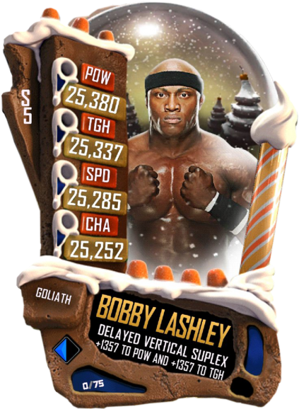 Bobby Lashley摔角卡牌 壁紙 — 節日雪球卡， featuring 摔角手 Bobby Lashley，附有統計數據和糖果手杖框架。