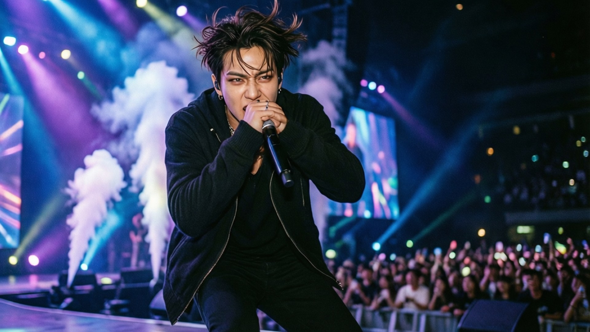 男歌手在明亮的燈光和歡呼的人群前在舞台上表演
