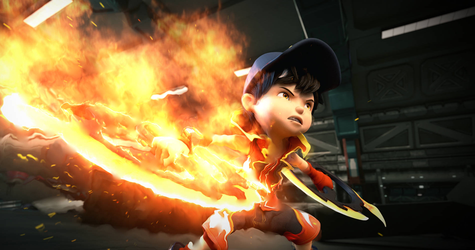 Boboiboy HD 燃燒火焰飛鏢 壁紙 — 一個戴帽嘅男仔喺黑暗工業環境中，喺火花之中揮舞住一把燃燒緊嘅劍。