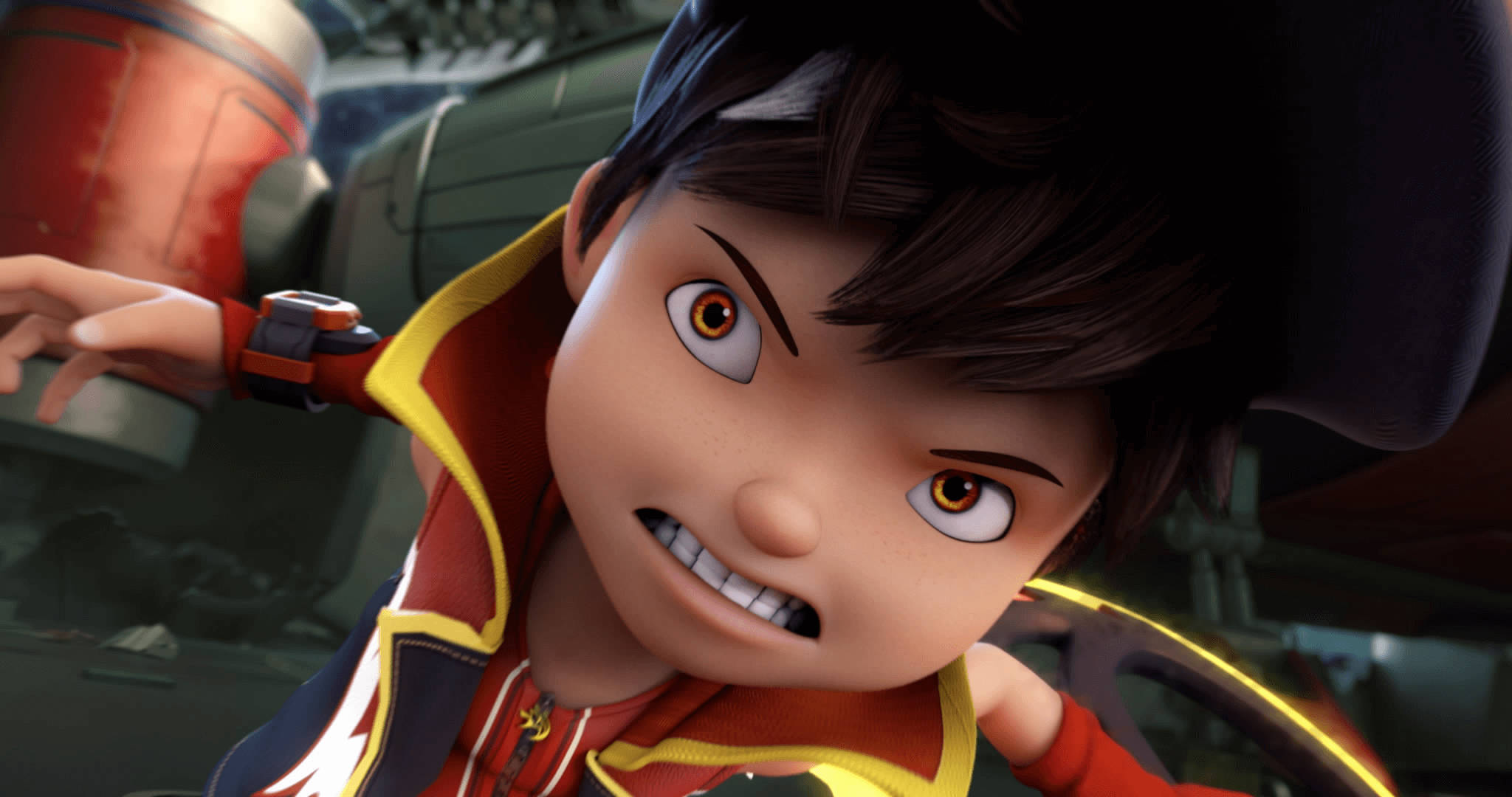 Boboiboy HD 星際型態冒險即將展開 壁紙 — 一個決心堅定的動畫男孩，棕色頭髮，眼神兇猛，在機械環境中緊握一個紅色和黃色的裝置。