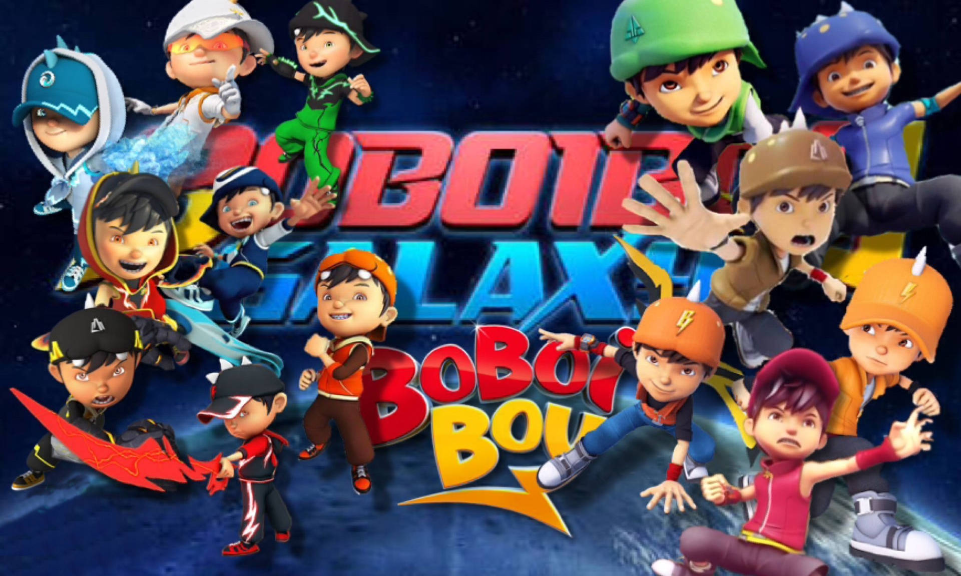 Boboiboy Galaxy動畫角色在太空動作姿勢中，帶有標題文字。