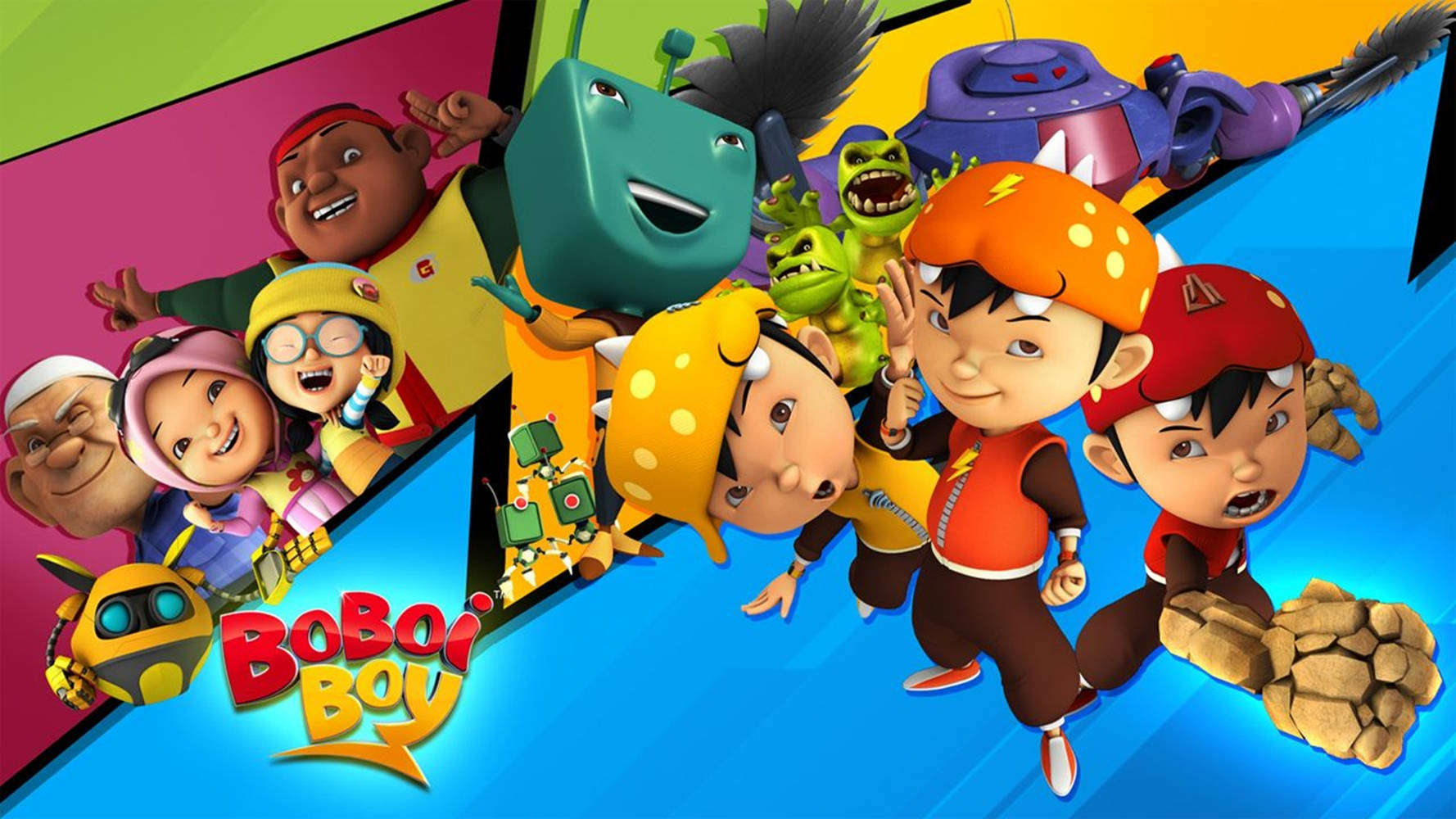 BoBoiBoy 同朋友以動感動作姿勢配上色彩繽紛嘅背景。