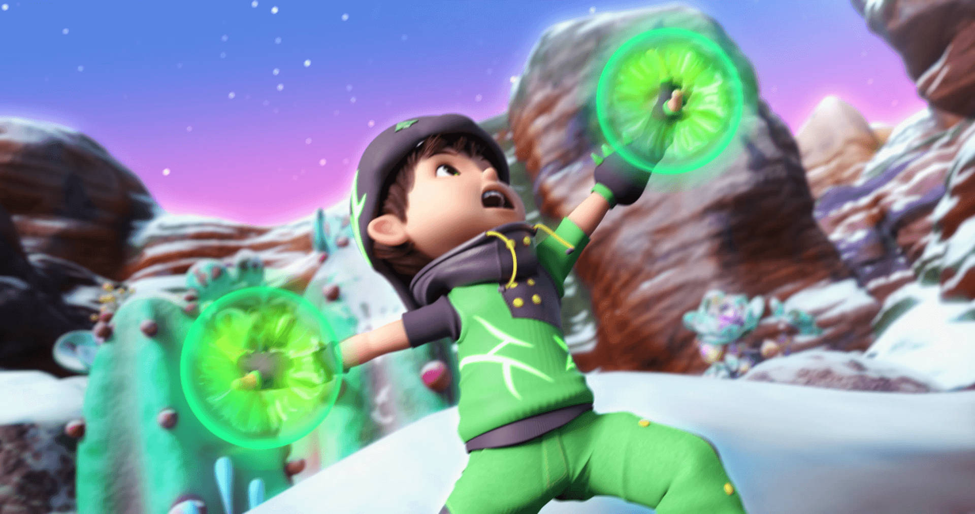 穿著綠色套裝的男孩在雪地外星地形中手持發光圓盤。