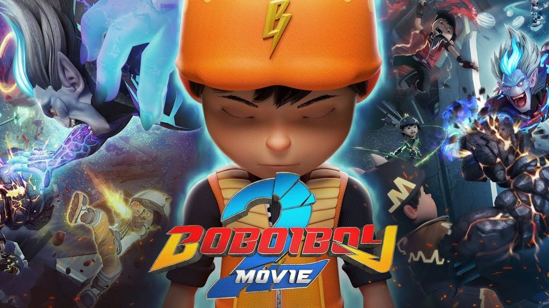 BoBoiBoy 電影海報，主角和支援英雄在動作場景中。