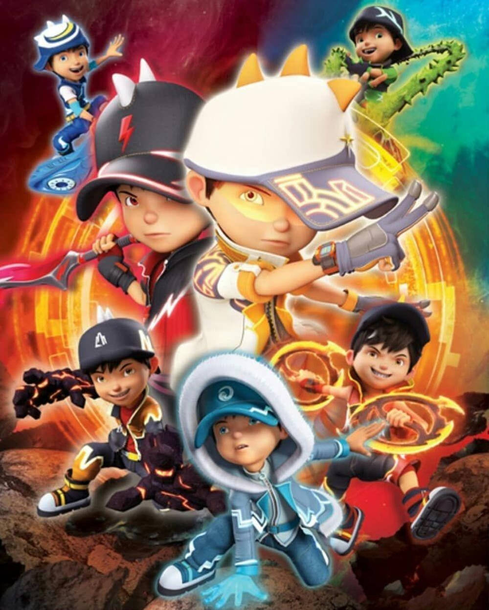 Boboiboy 高清電影海報 壁紙 — 六個動畫小孩穿著色彩繽紛的超級英雄裝備，在熾熱的宇宙背景下動感地擺出姿勢。