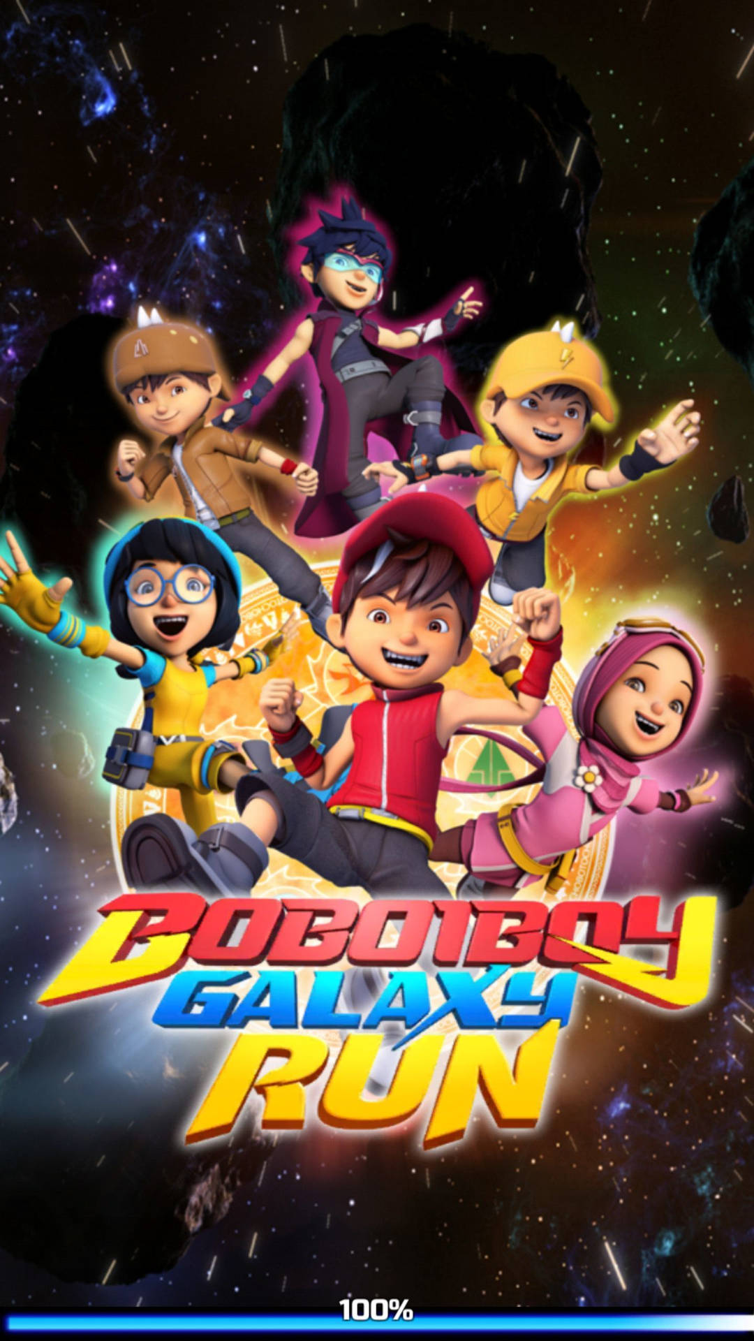 六個穿著太空服的動畫兒童英雄在星光燦爛的星系中跳躍。