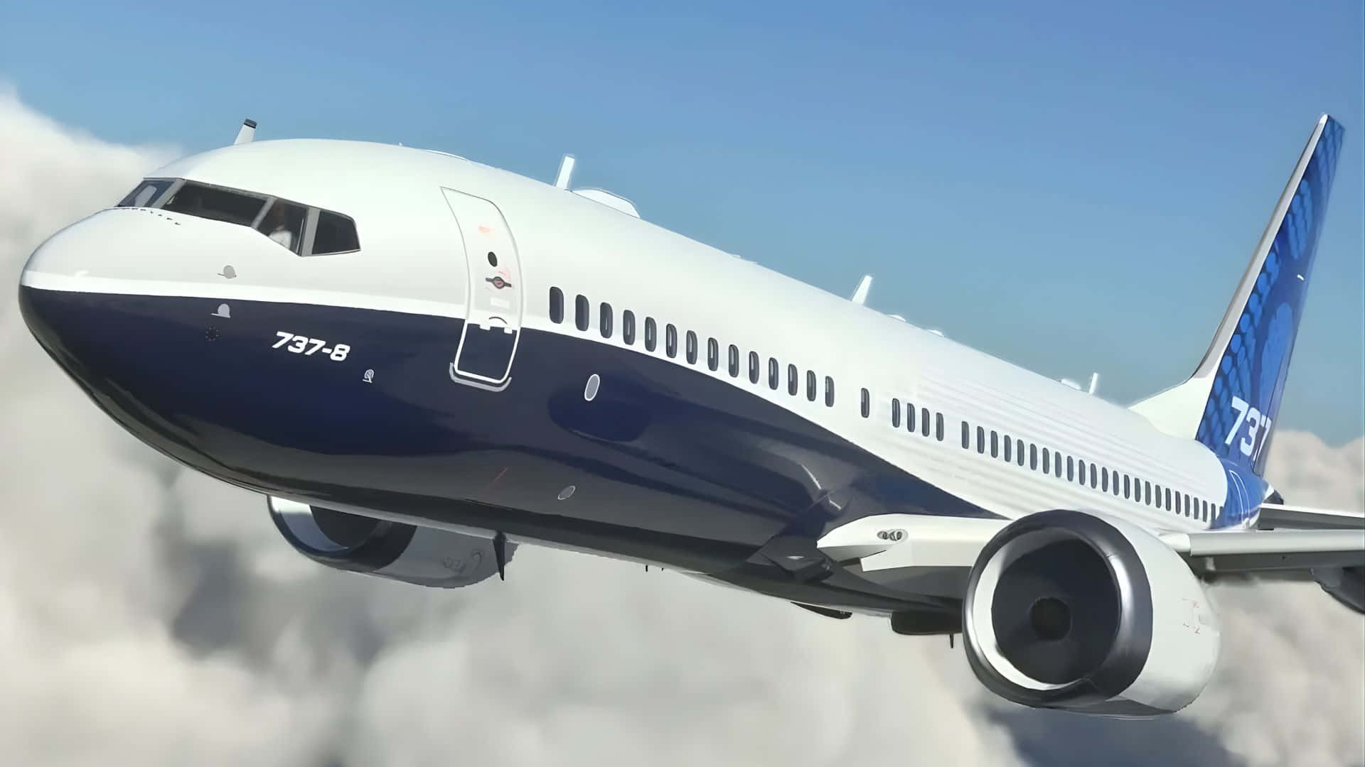  壁紙 — 一架波音737-8飛機在晴朗的藍天下翱翔於蓬鬆的白雲之上。