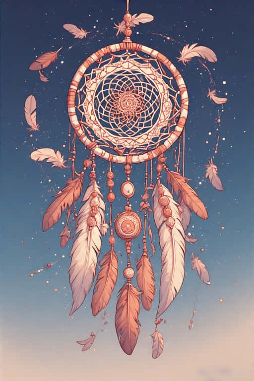 Boho Dreamcatcher Under Starry Sky 4K 壁紙 — 一個帶有複雜編織網和懸垂羽毛的捕夢網，在繁星點點的暮色天空中飄浮。
