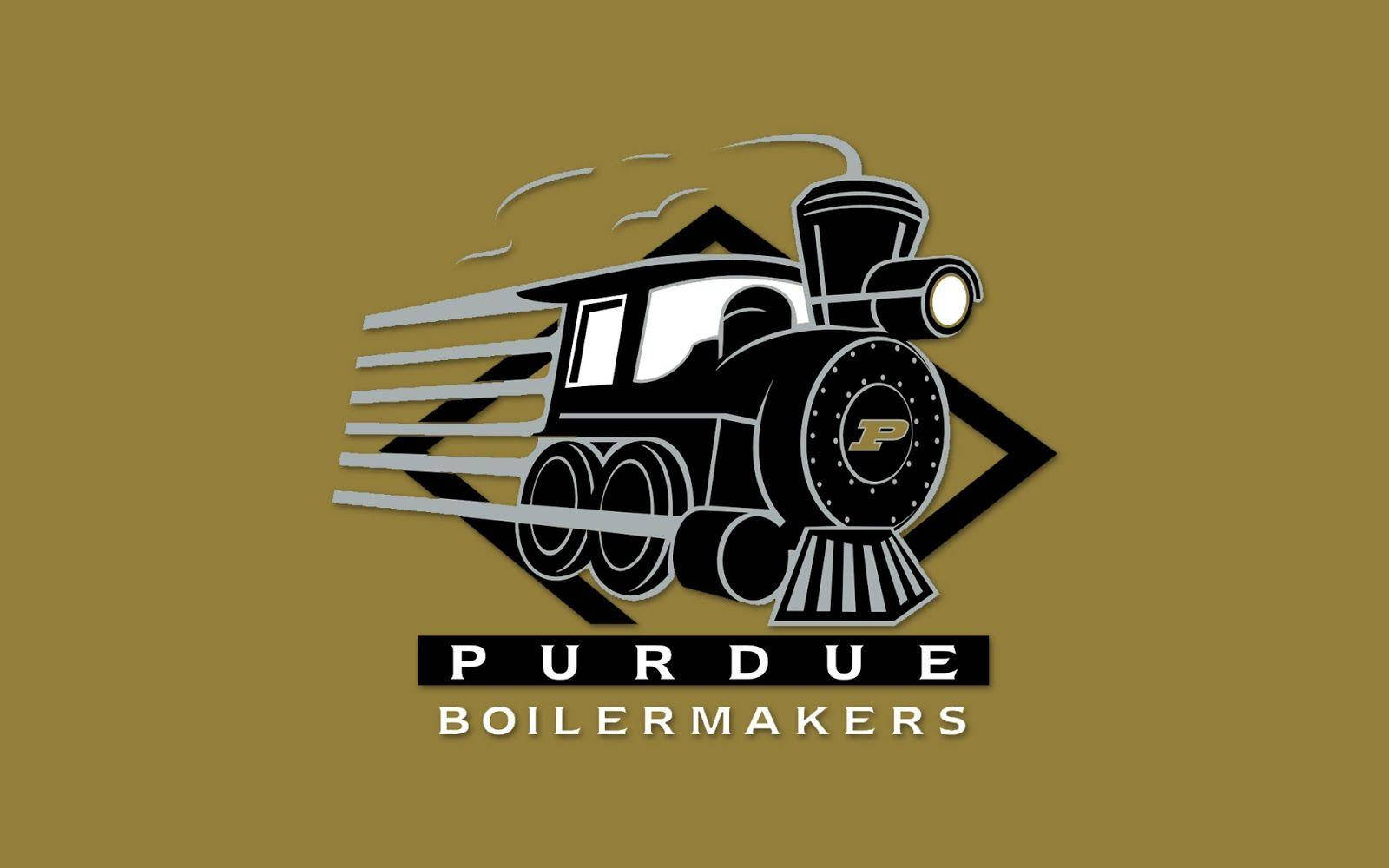 普渡大學吉祥物「Boilermaker Special」 壁紙 — 一輛黑金配色的風格化蒸汽火車頭，前方有金色「P」字，在純橄欖綠背景上奔馳，下方有「PURDUE BOILERMAKERS」字樣。