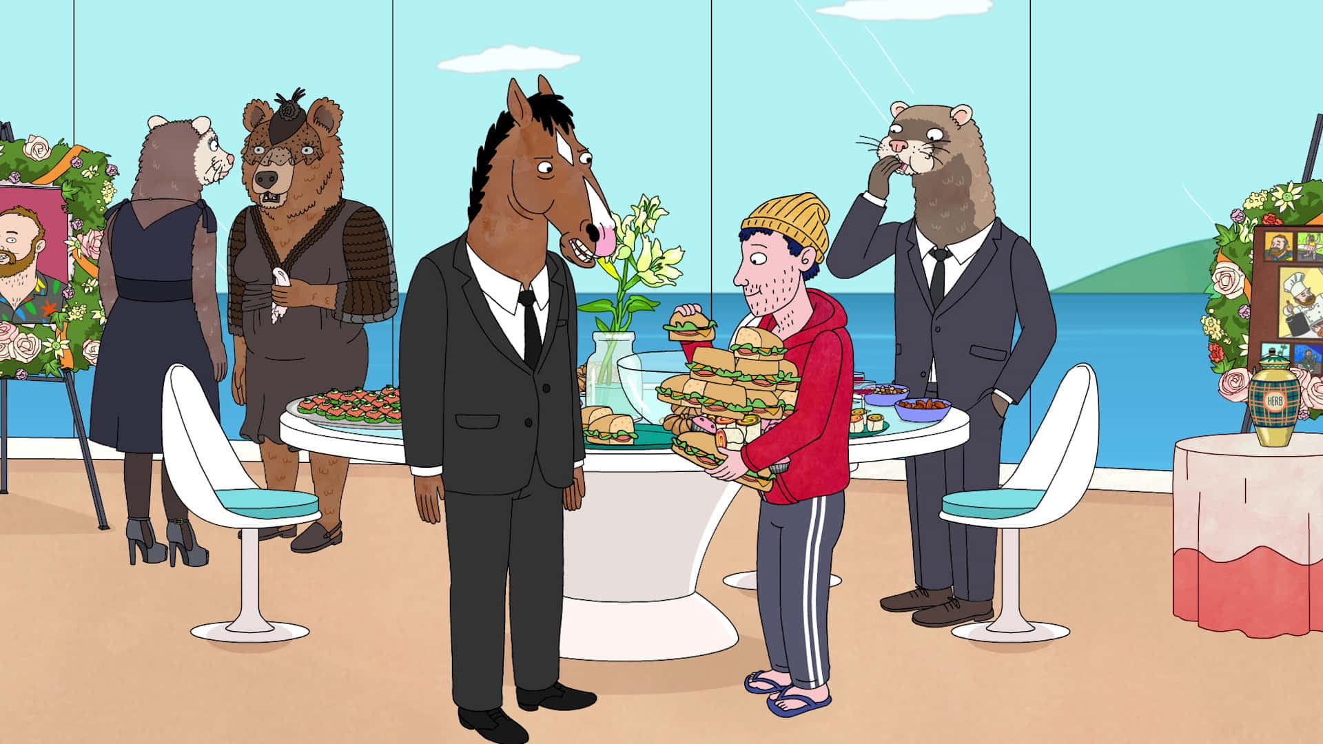 BoJack Horseman — 同樣令人困擾卻也有趣的 壁紙 — 穿著西裝的擬人化動物在豪華的海邊派對上交流，派對上有超大三明治和花卉佈置。