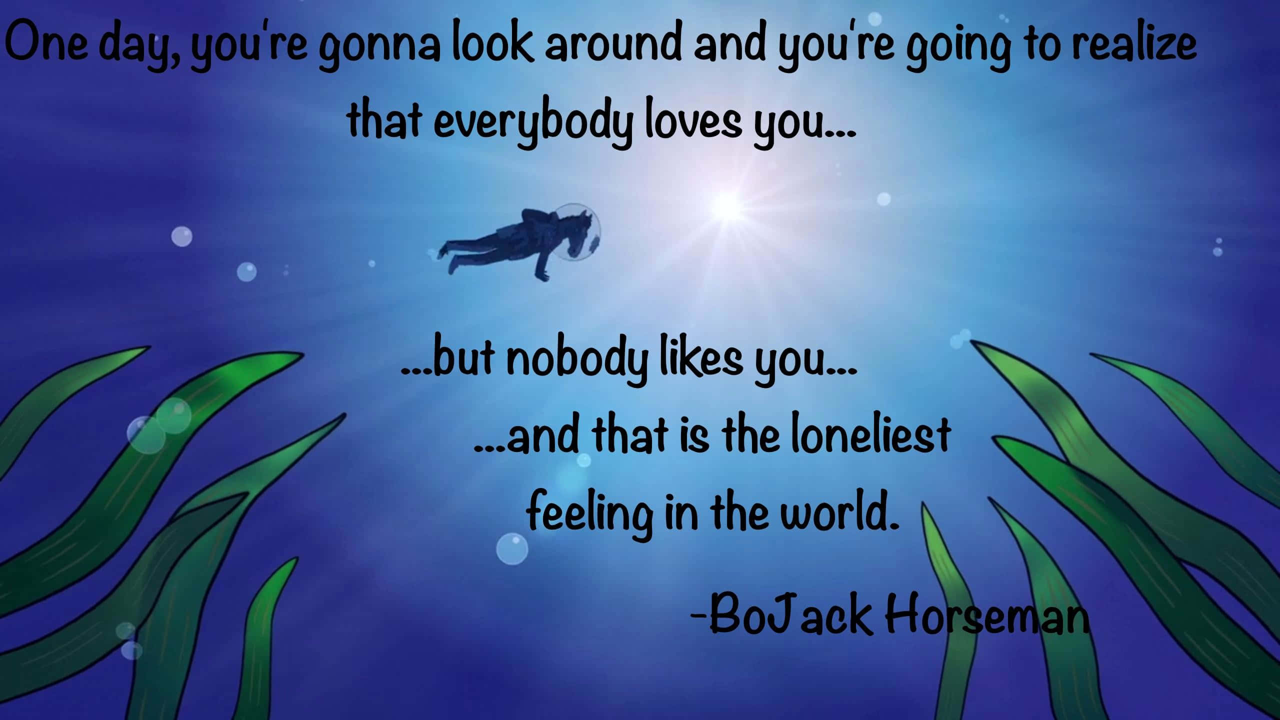 BoJack Horseman – 一匹獨特的馬在電視世界中 壁紙 — 一名孤獨的潛水員在藍色水中漂浮，周圍有綠色海藻，陽光從上方照射下來。
