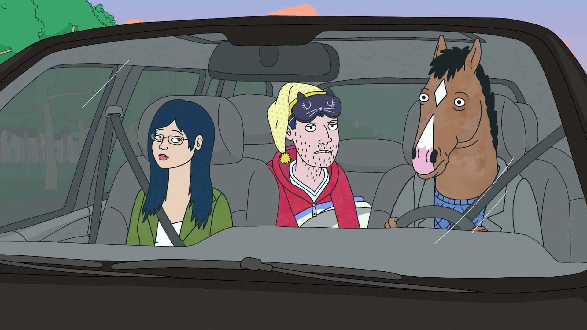 BoJack Horseman 在洛杉磯掙扎 壁紙 — 三個動畫角色，包括一個馬車司機，坐在一輛車裏，透過擋風玻璃可以看到樹木和天空。