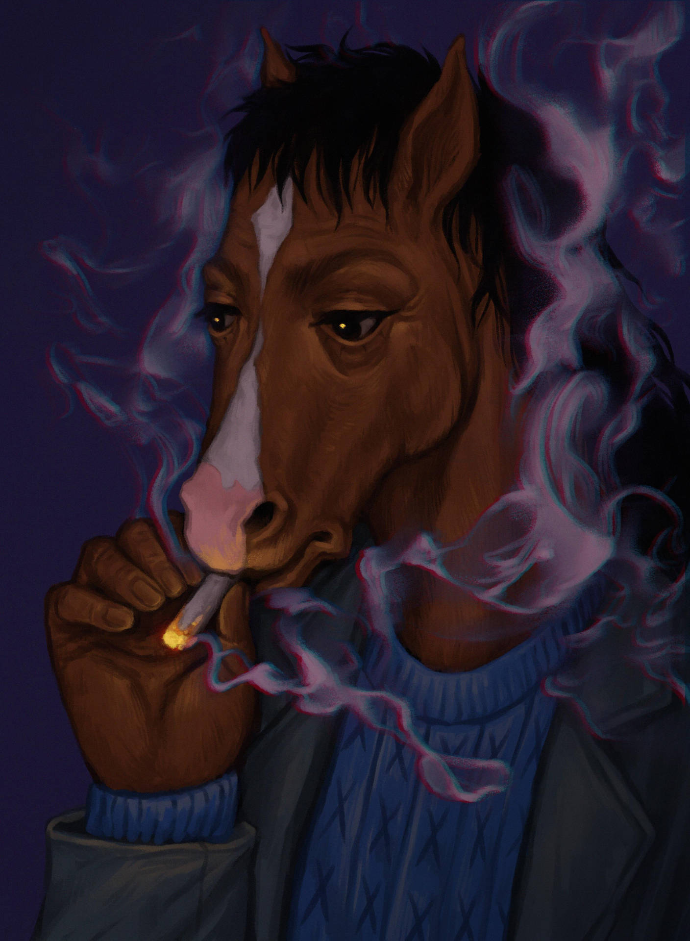 一匹穿著藍色毛衣的馬在吸煙，煙霧繚繞。