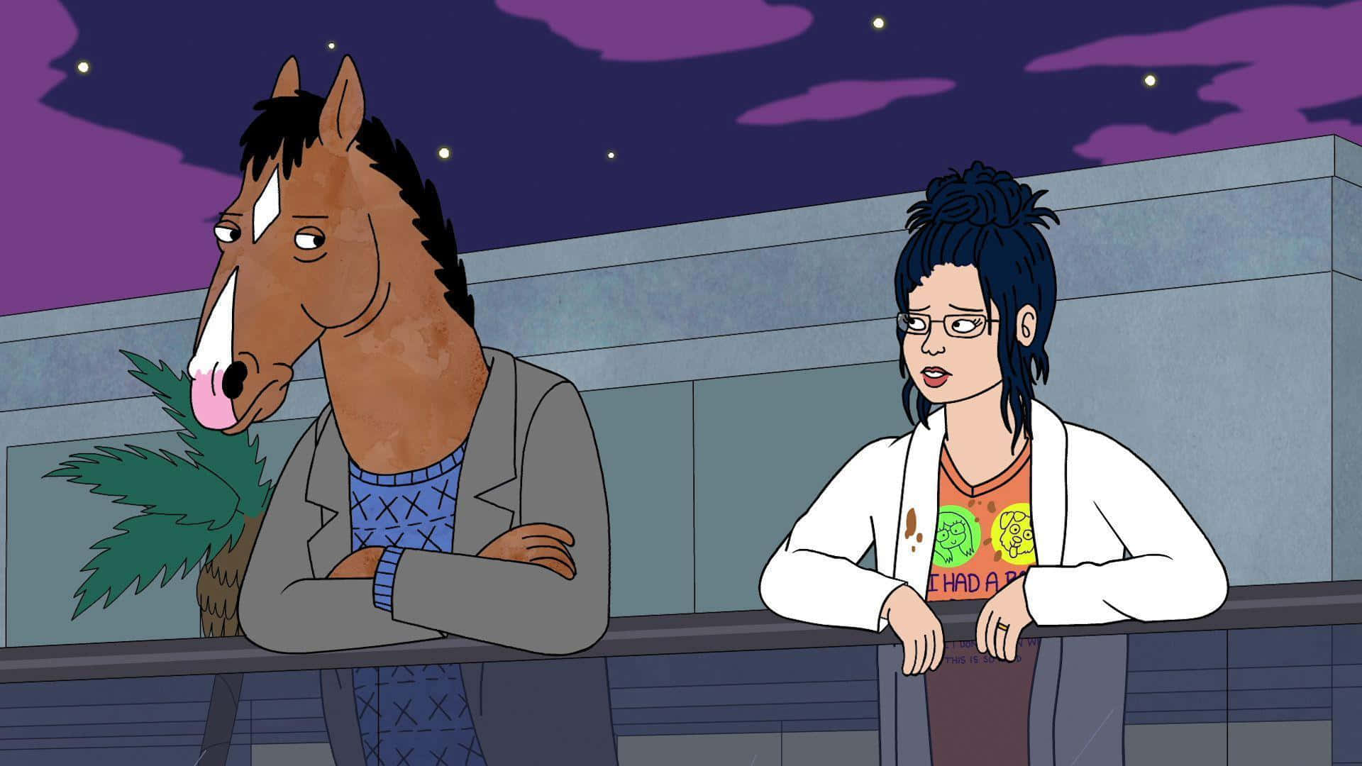 BoJack Horseman — 生活不止於堅持 壁紙 — BoJack Horseman 和 Diane Nguyen 在夜晚站在屋頂上，在繁星點點的紫色天空下，靠在欄杆上，旁邊有一盆植物。