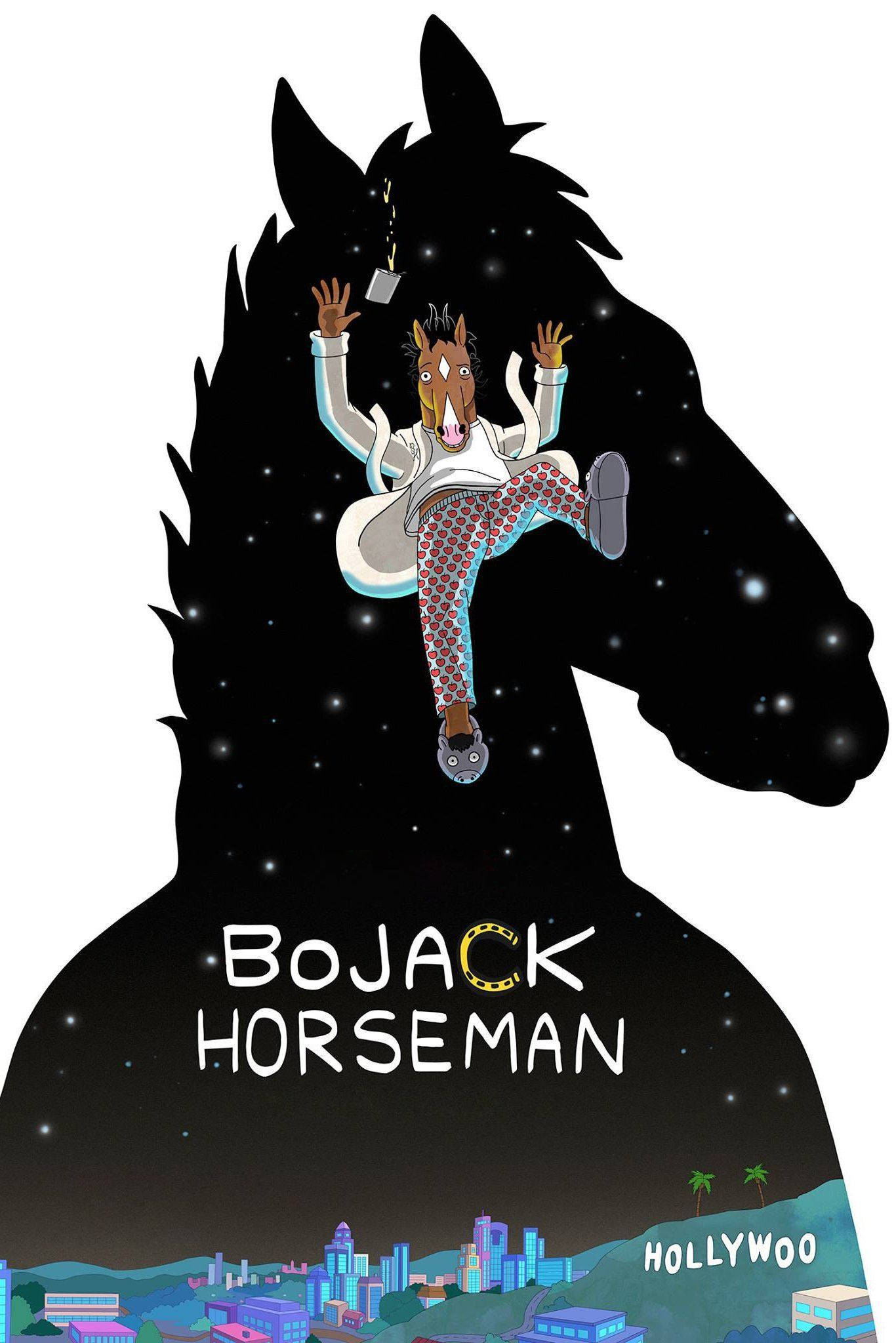 踏入BoJack Horseman的世界 壁紙 — 一個卡通馬角色漂浮在太空中的一個巨大馬剪影內，上方是發光的荷里活城市景觀。