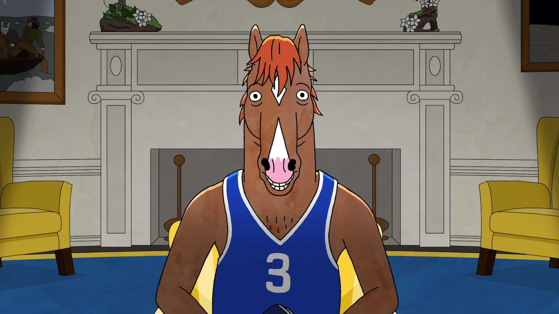BoJack Horseman——「演出必須繼續」 壁紙 — 一隻卡通馬穿著藍色籃球球衣，號碼3，坐在有黃色椅子和壁爐的客廳裡。
