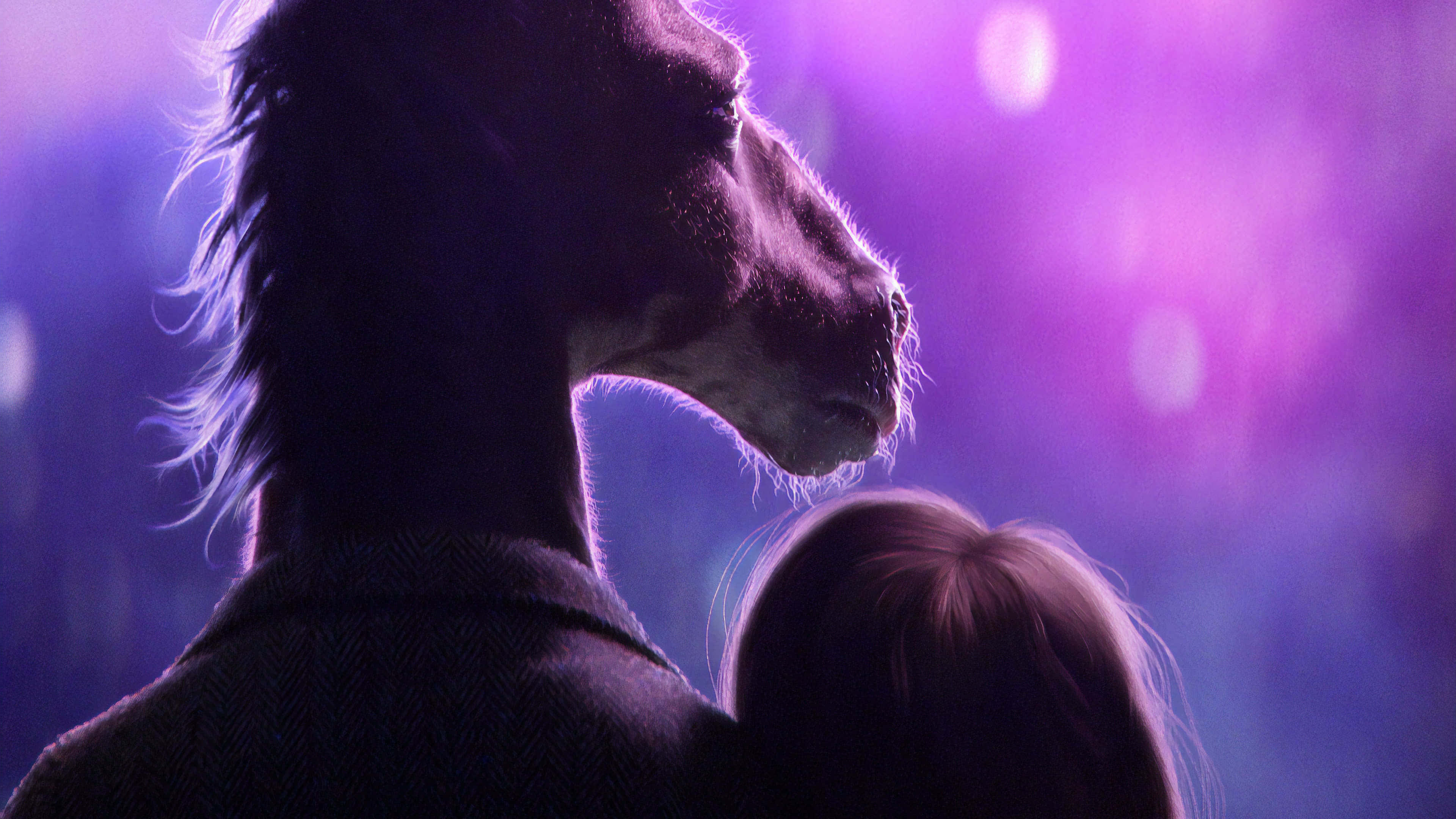 BoJack Horseman——一位試圖在好萊塢掙扎的演員 壁紙 — 馬和小孩的剪影在夢幻紫色散景背景下分享溫柔時刻。