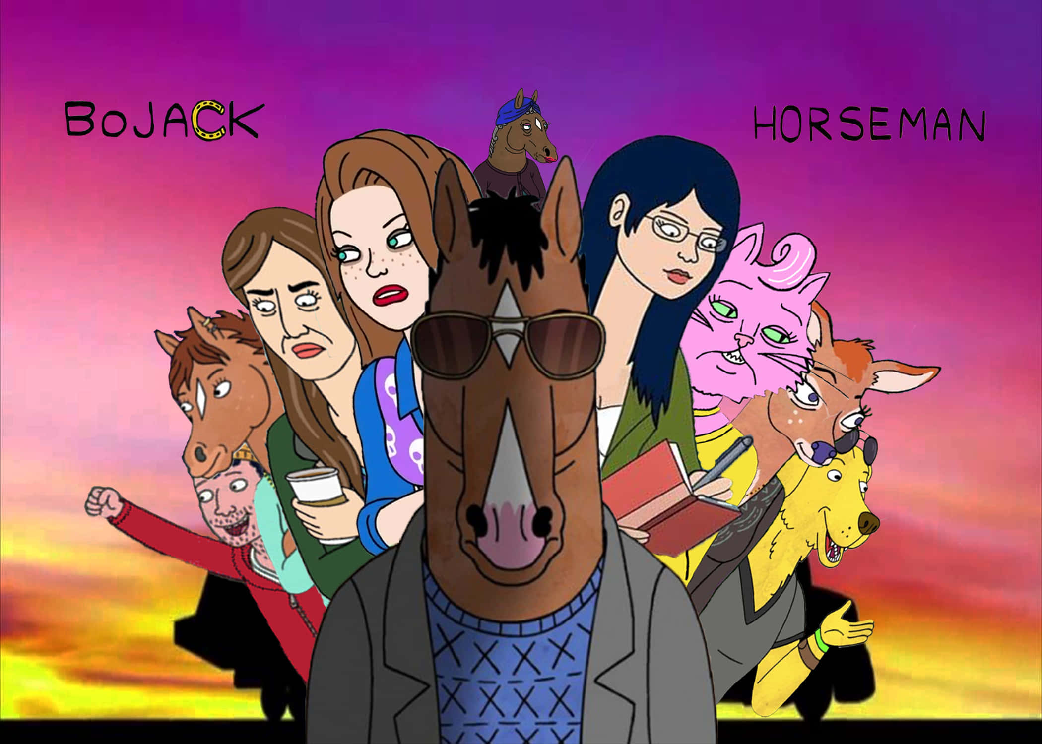 BoJack Horseman，這部成人動畫Netflix影集的不安全感與韌性主角 壁紙 — 來自《馬男波傑克》的充滿活力的卡通組合，在夕陽天空下，角色表情豐富，色彩大膽。