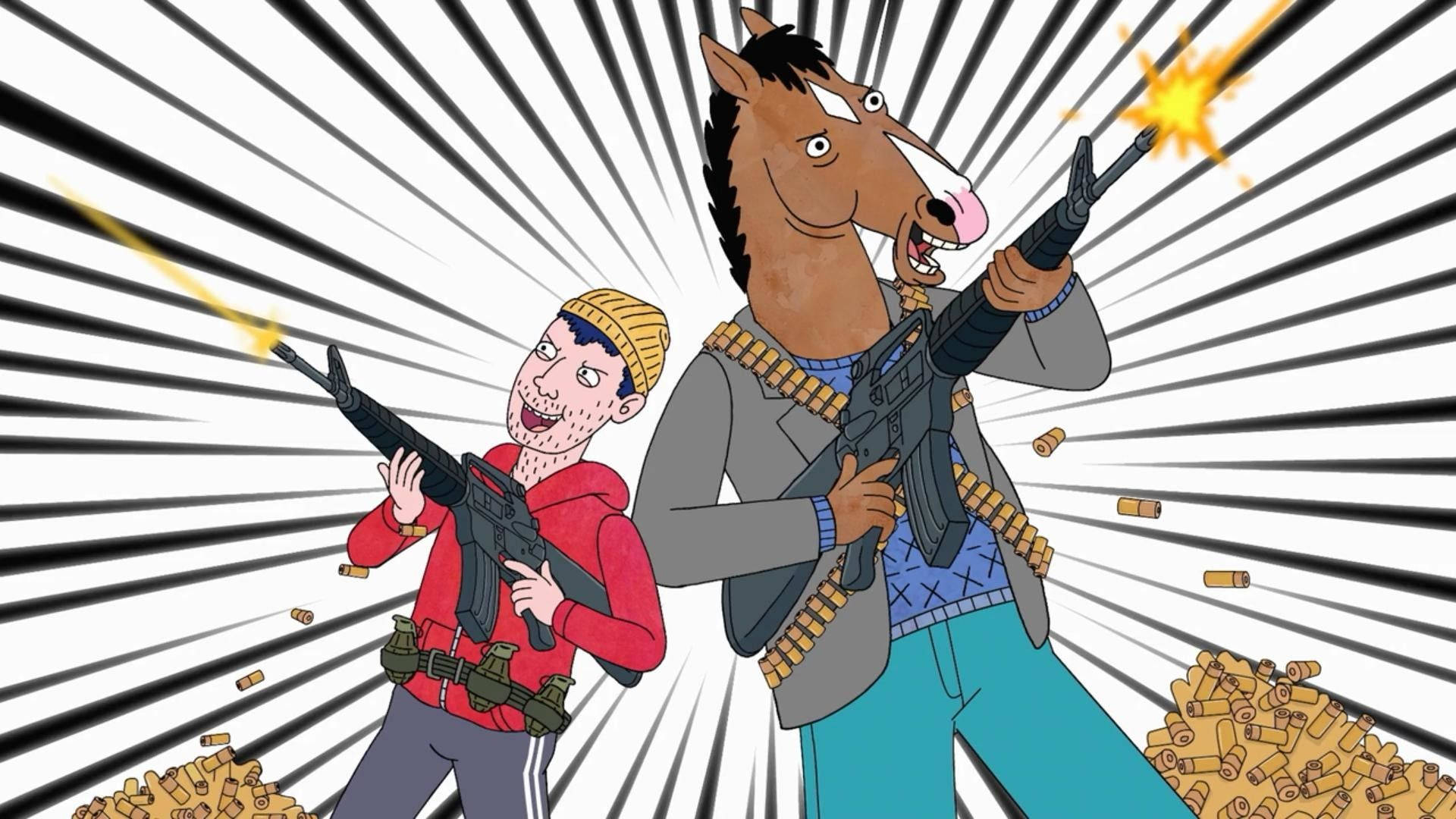 卡通角色在放射狀爆發背景中射擊步槍，彈殼飛舞。