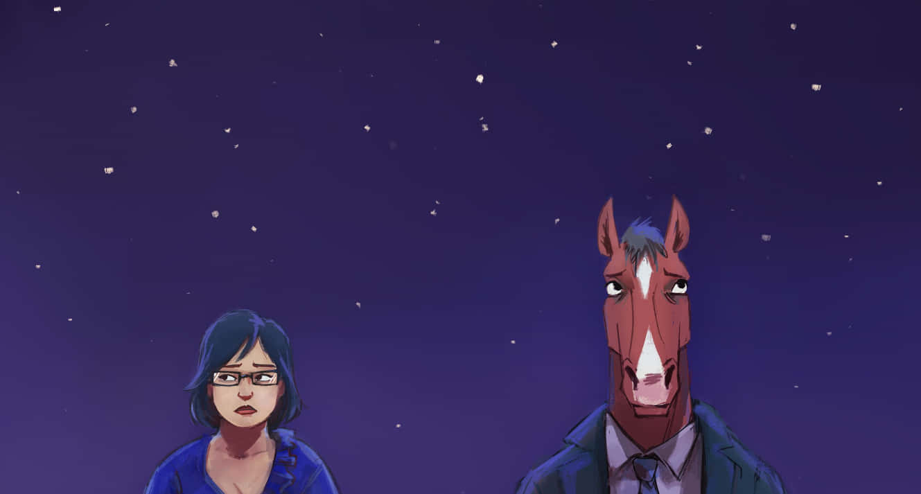 BoJack Horseman 眺望洛杉磯城市 壁紙 — 一位女士和一位馬頭男士身穿西裝，在繁星點點的紫色夜空下，表情莊嚴地站立。