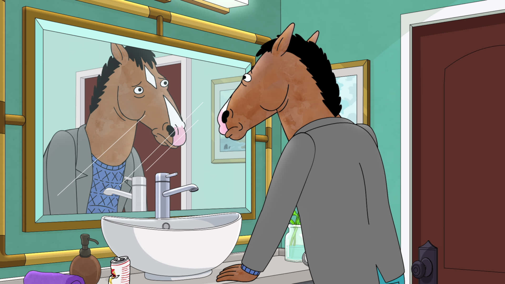 BoJack Horseman，備受喜愛的動畫喜劇 壁紙 — 一隻穿著灰色西裝的卡通馬在浴室鏡子前凝視自己的倒影，同時舔著嘴唇。