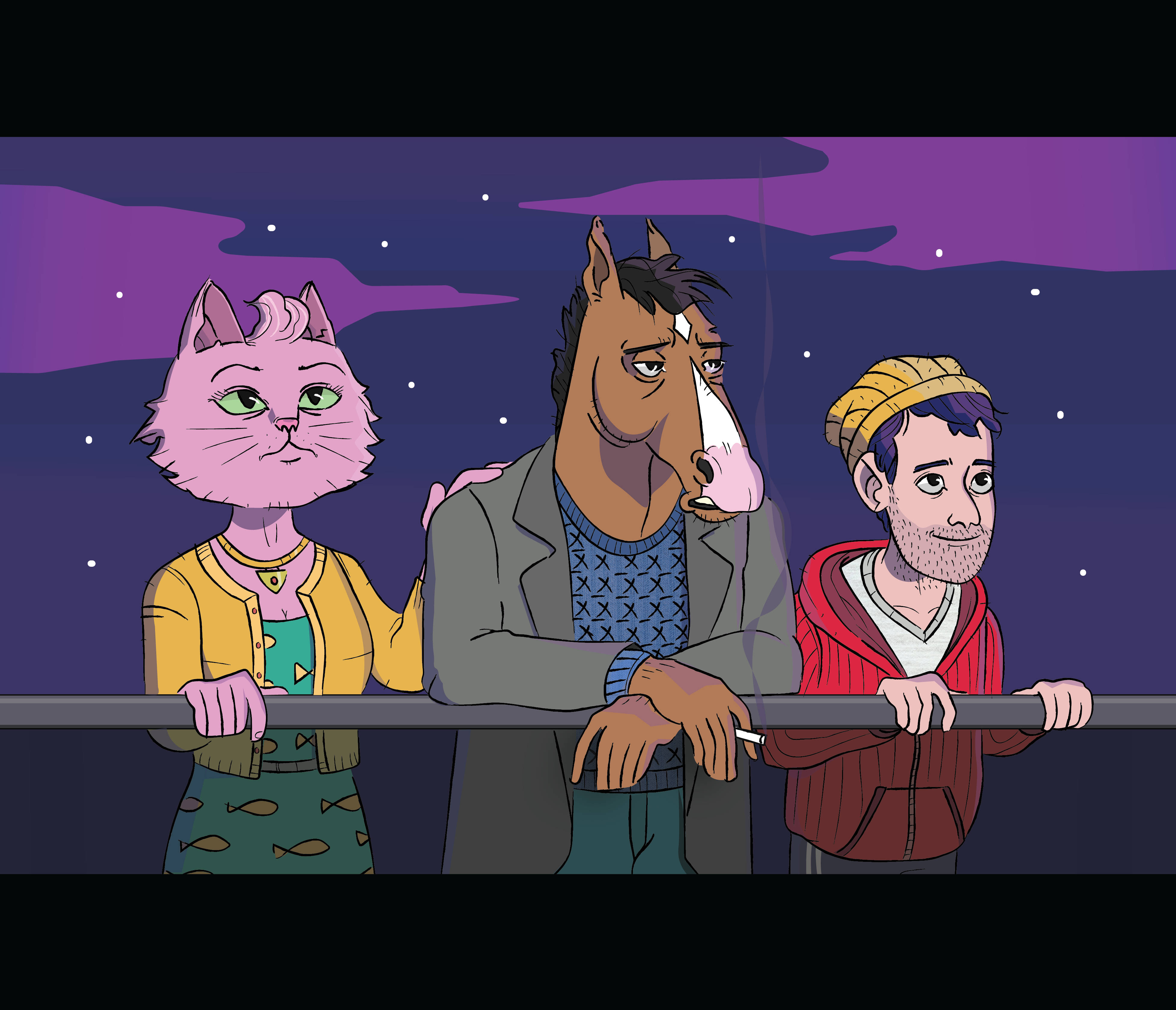 BoJack Horseman 與 Carolyn Todd 壁紙 — 三個擬人化角色站在陽台上，在繁星點點的紫色夜空下抽煙，若有所思地凝視著。