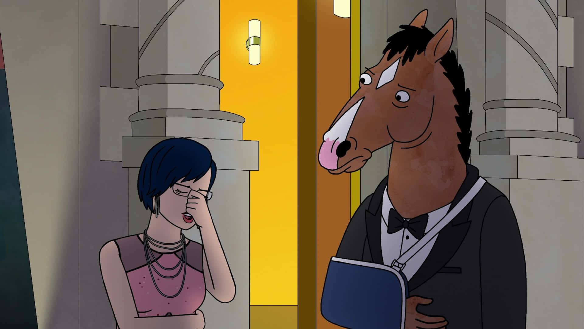 BoJack Horseman：馬與人的終極詮釋 壁紙 — 一匹穿著燕尾服的馬站在走廊上的一位女士旁邊，兩人都顯得很驚訝。