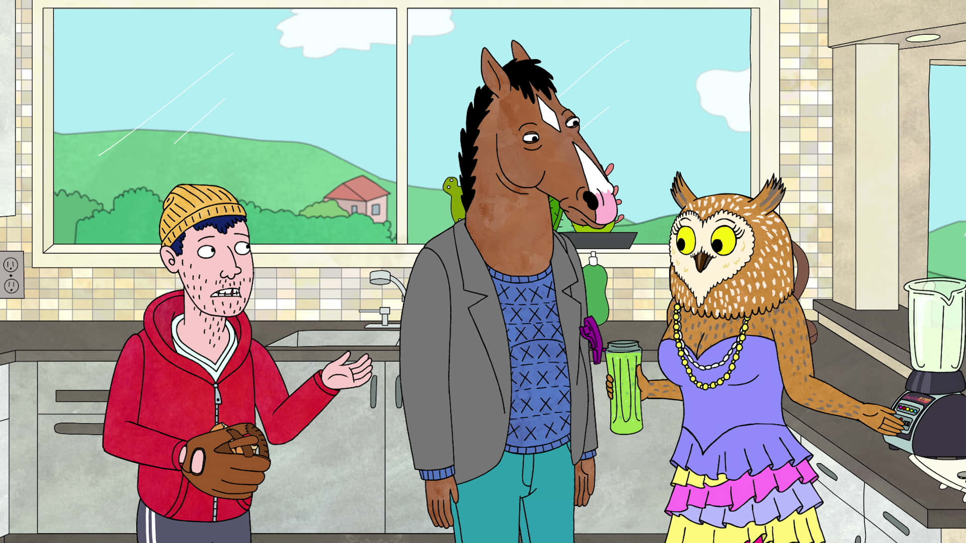 BoJack Horseman——一個有話要說的馬 壁紙 — 三個擬人化角色站在廚房裡，窗外可以看到綠色的山丘和一間房子。