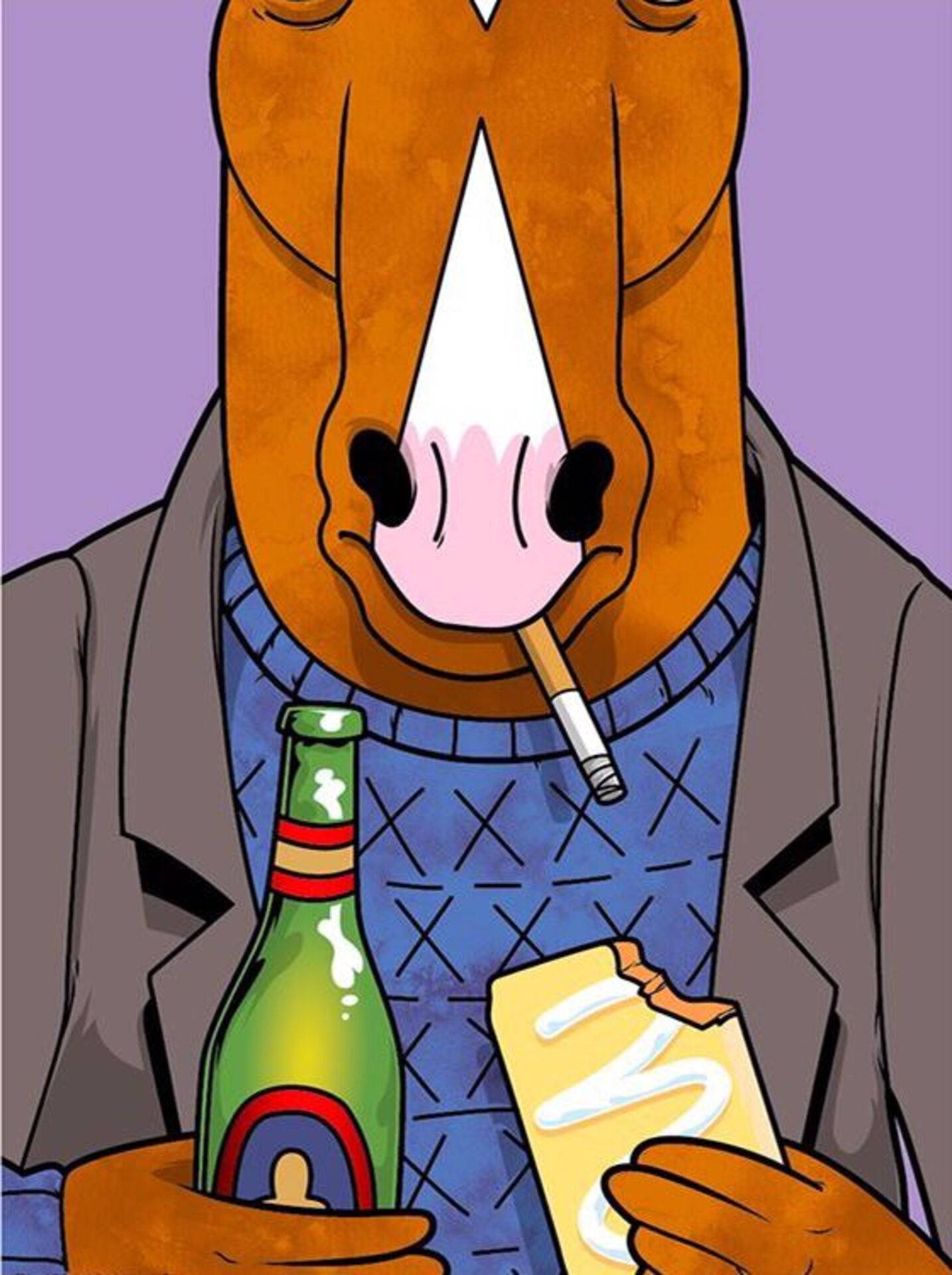 卡通馬穿西裝抽煙，手持啤酒和芝士零食。