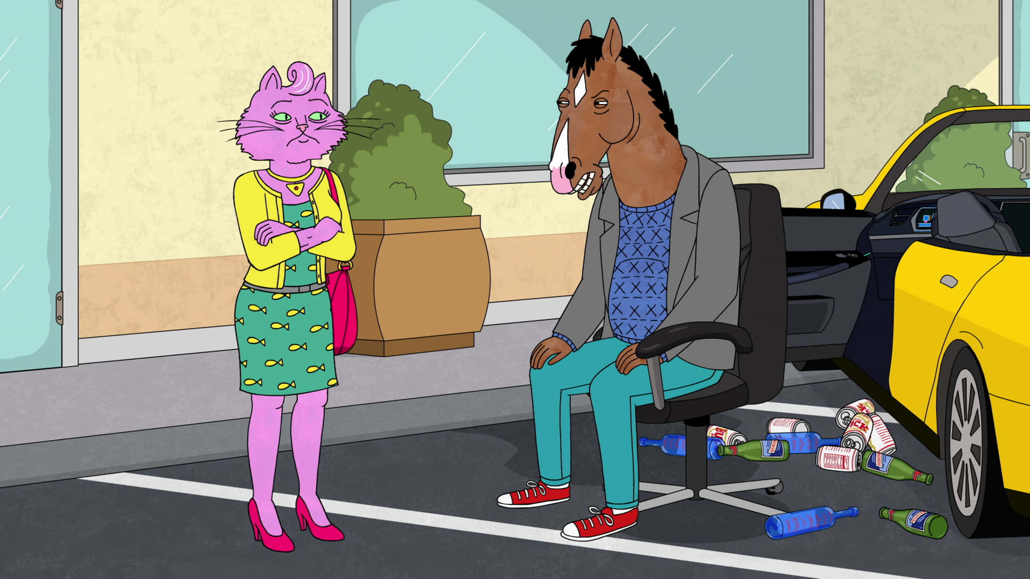 BoJack Horseman 沉思鴨肉晚餐 壁紙 — 一個粉紅色貓女站立交叉雙臂，而一個馬男坐在辦公椅上，周圍是空瓶子，靠近一輛黃色汽車。