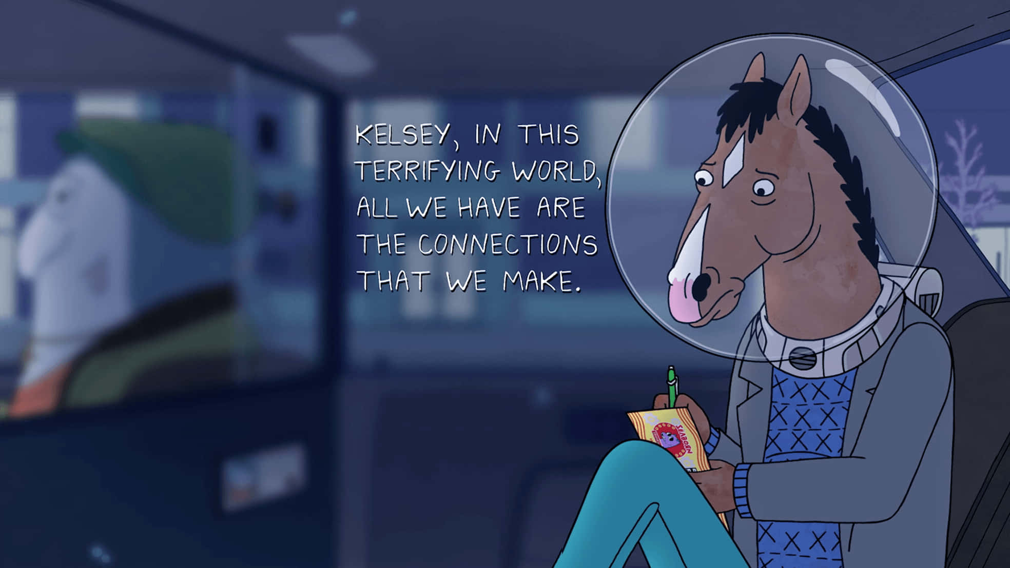 BoJack Horseman 騎著海馬翱翔 壁紙 — 一隻戴著太空頭盔的卡通馬坐在車裡，拿著一張有關人類聯繫的卡片。