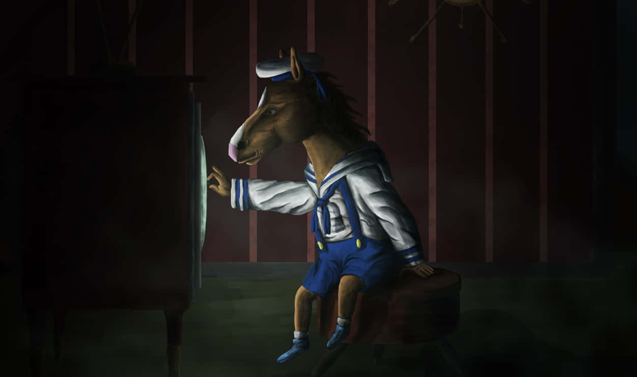 BoJack Horseman — Netflix 熱門動畫，帶來無數幽默、黑暗與深刻時刻 壁紙 — 一匹穿著水手服的馬坐在凳子上，在光線昏暗、牆壁有條紋的房間裡看著一台舊電視。