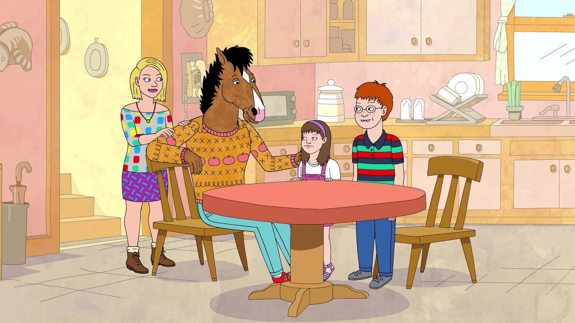 BoJack Horseman 面對艱難處境 壁紙 — 一隻穿著毛衣的卡通馬與三個人類小孩坐在溫暖明亮的家中的廚房餐桌旁。