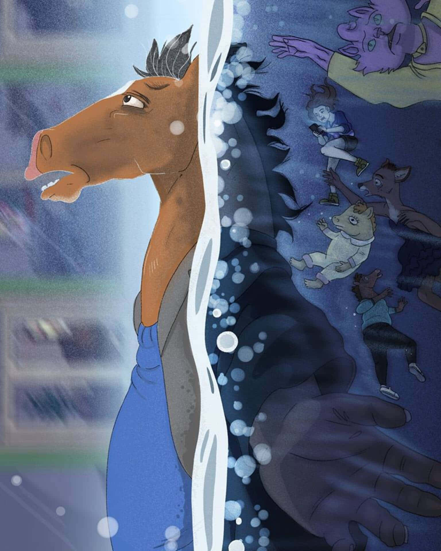 BoJack Horseman — 只是讓事情更有趣 壁紙 — 一匹穿著藍色襯衫的馬站在水汪汪的分界線上，將明亮的世界與有漂浮人物的黑暗水下領域分開。