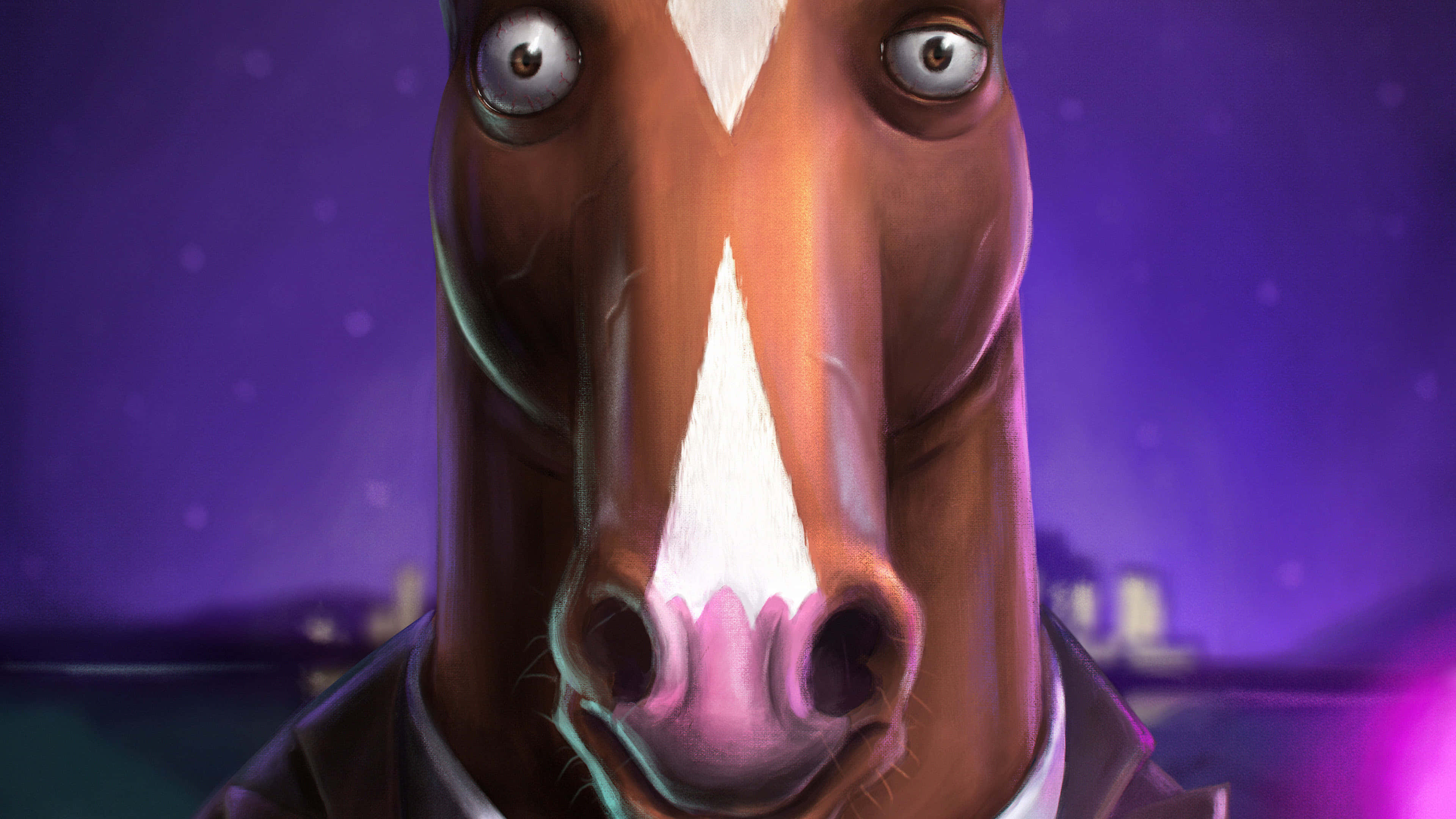BoJack Horseman，一個充滿掙扎的半人半馬 壁紙 — 紫色夜晚城市景觀背景下，穿著西裝、睜大眼睛的卡通馬特寫。