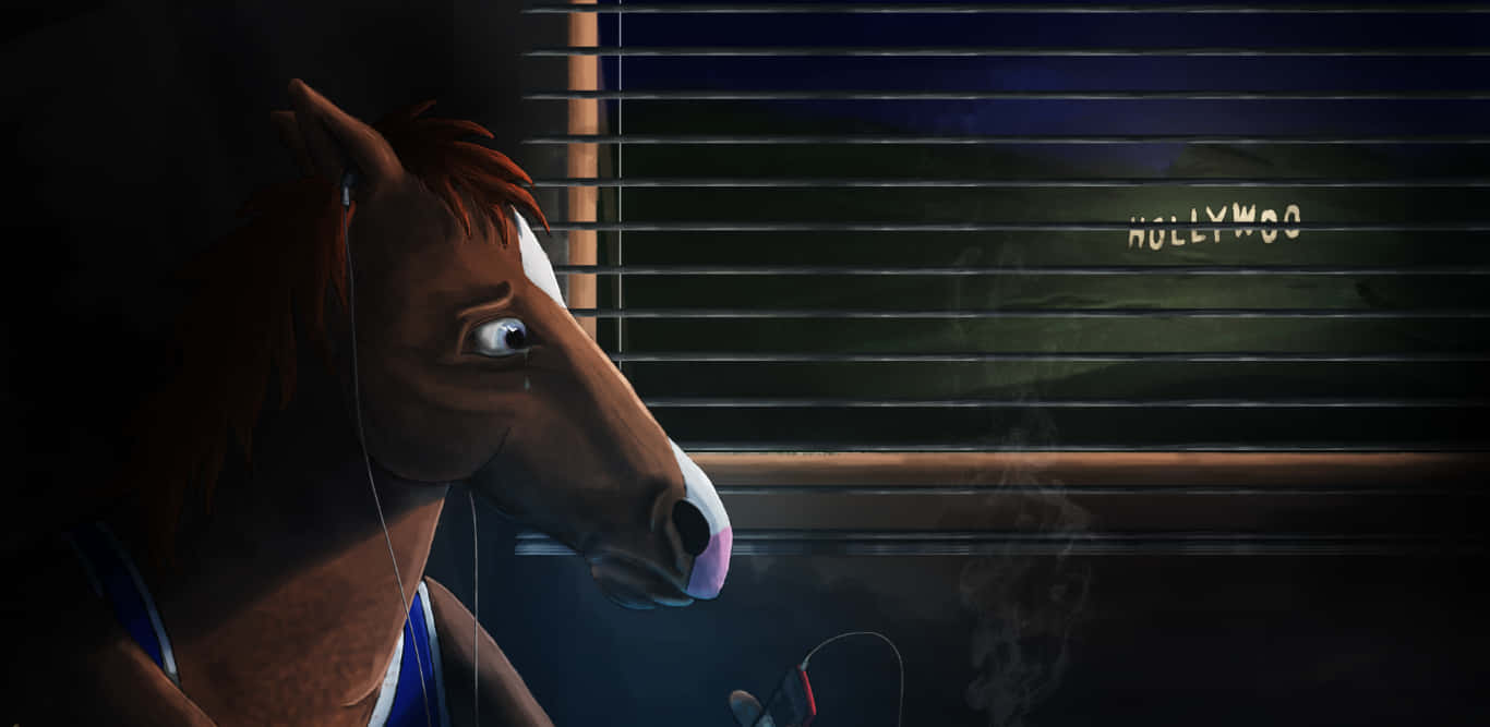 BoJack Horseman 穿著夏威夷襯衫 壁紙 — 一隻穿著背心的卡通馬戴著耳塞聽音樂，同時望向窗外，百葉窗上可見「HOLLYWOOD」字樣。