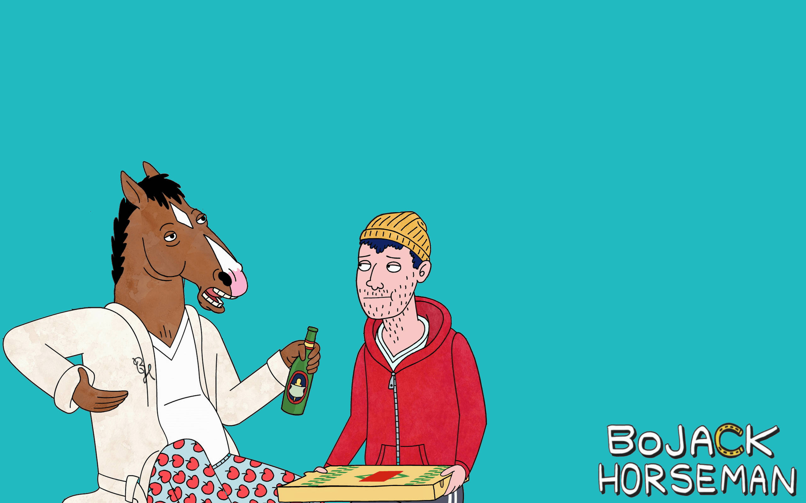 BoJack Horseman與Todd Chavez重拾友誼 壁紙 — 一隻穿著睡衣的卡通馬向一個穿著紅色連帽衫、拿著薄餅的男人遞上一杯啤酒，背景是純青色。