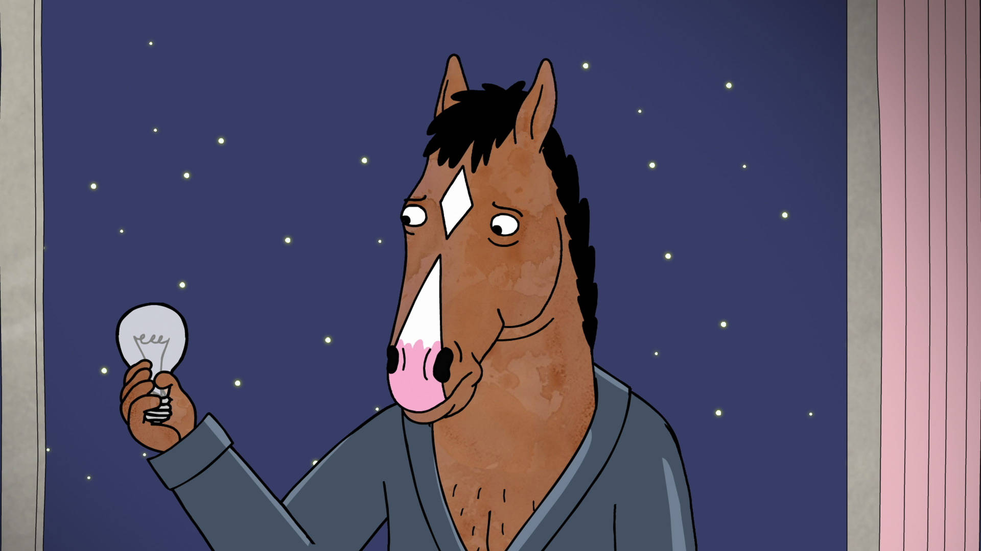 卡通馬拿著燈泡，在夜晚若有所思。