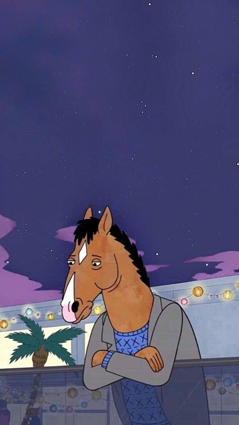 穿著毛衣的卡通馬在陽台上，背景是繁星點點的夜空，掛著燈串。