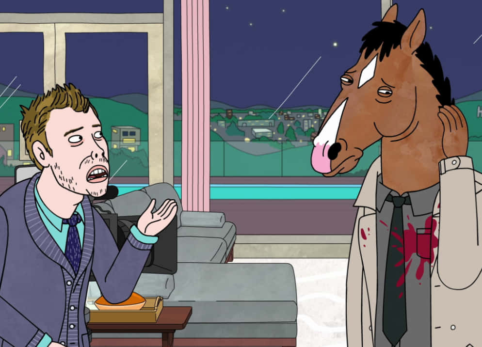 BoJack Horseman活在現代時代 壁紙 — 一個穿著西裝的卡通男人與一匹穿著米色西裝、領帶沾血的馬在現代客廳裡夜間爭論。