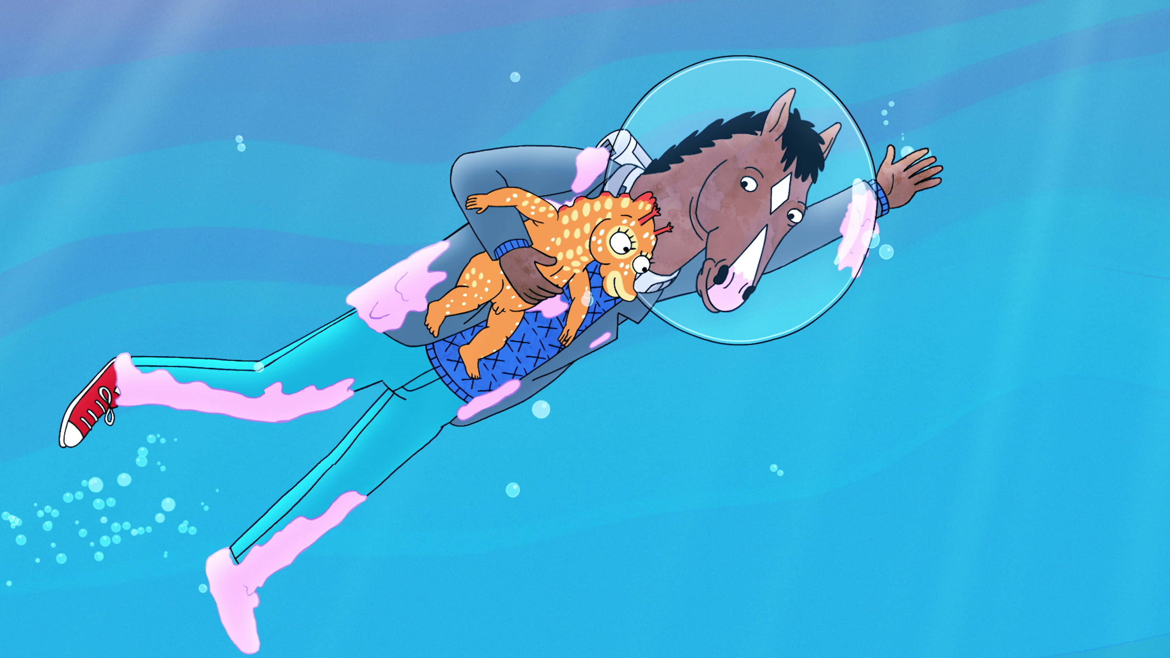BoJack Horseman深思人生 壁紙 — 一隻穿著潛水服的卡通馬抱著一隻斑點貓，漂浮在水下，帶有粉紅色痕跡和氣泡。
