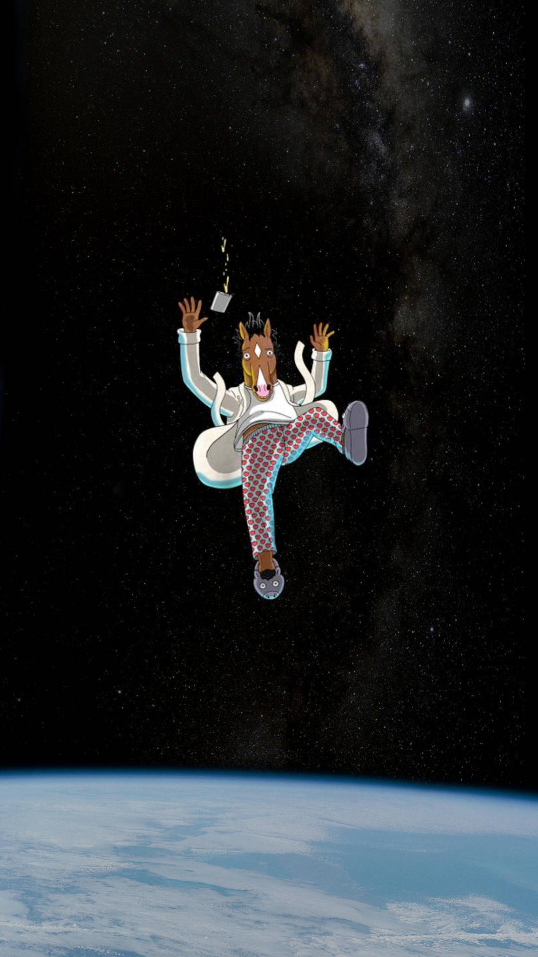 卡通馬在地球上方的太空中漂浮，伴有星星和銀河。