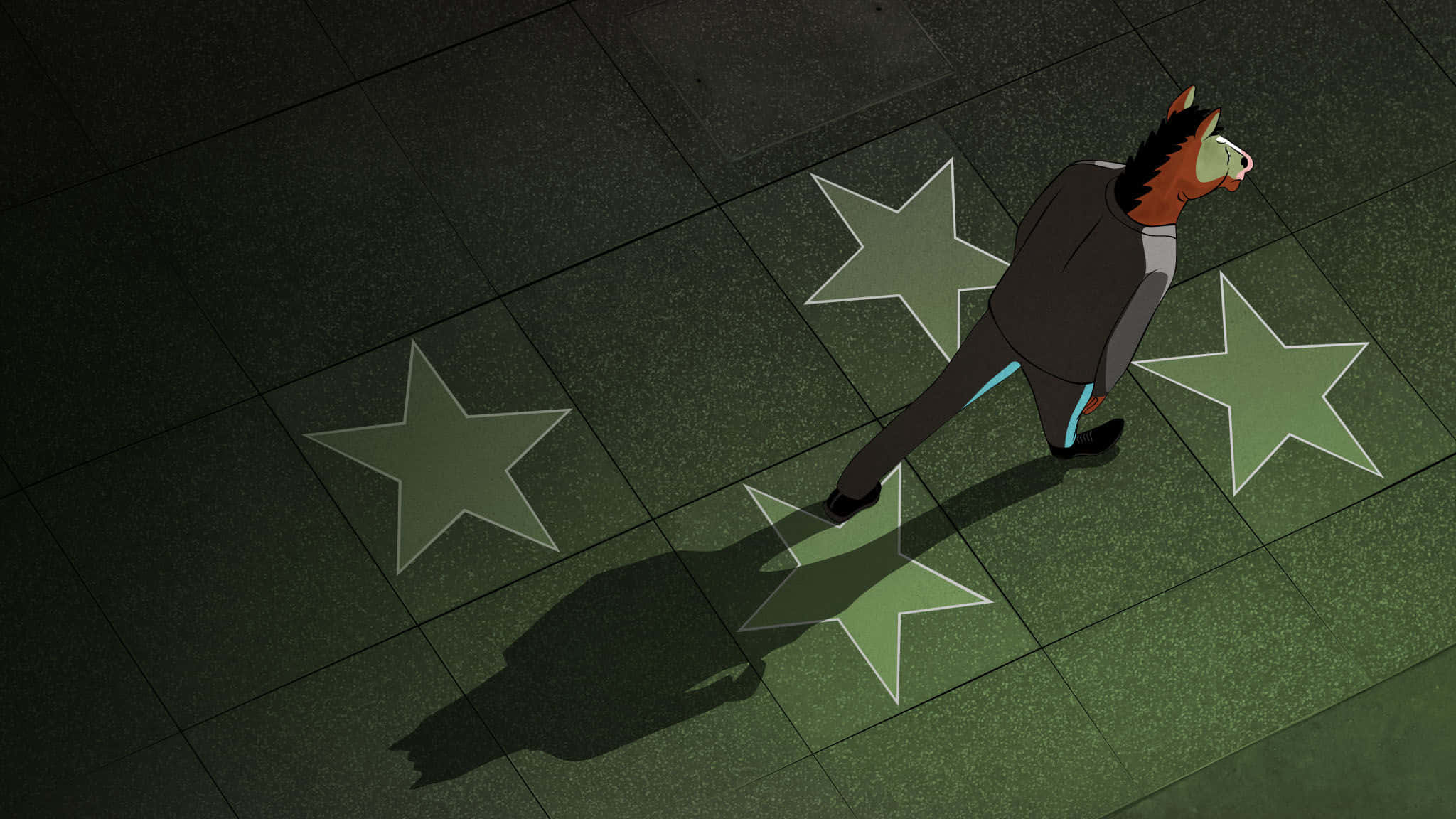 BoJack Horseman站在聚光燈下 壁紙 — 一隻穿著西裝的動畫馬在昏暗燈光下自信地走在滿是星星的人行道上。